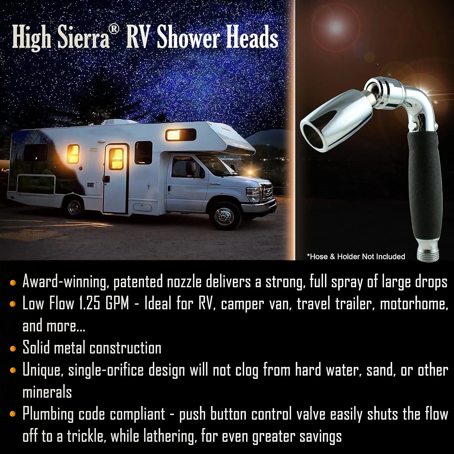Handheld RV Shower Head with On Off Switch (Plumbing Code Compliant) - Solid Metal Construction - 1.25 GPM - Chrome