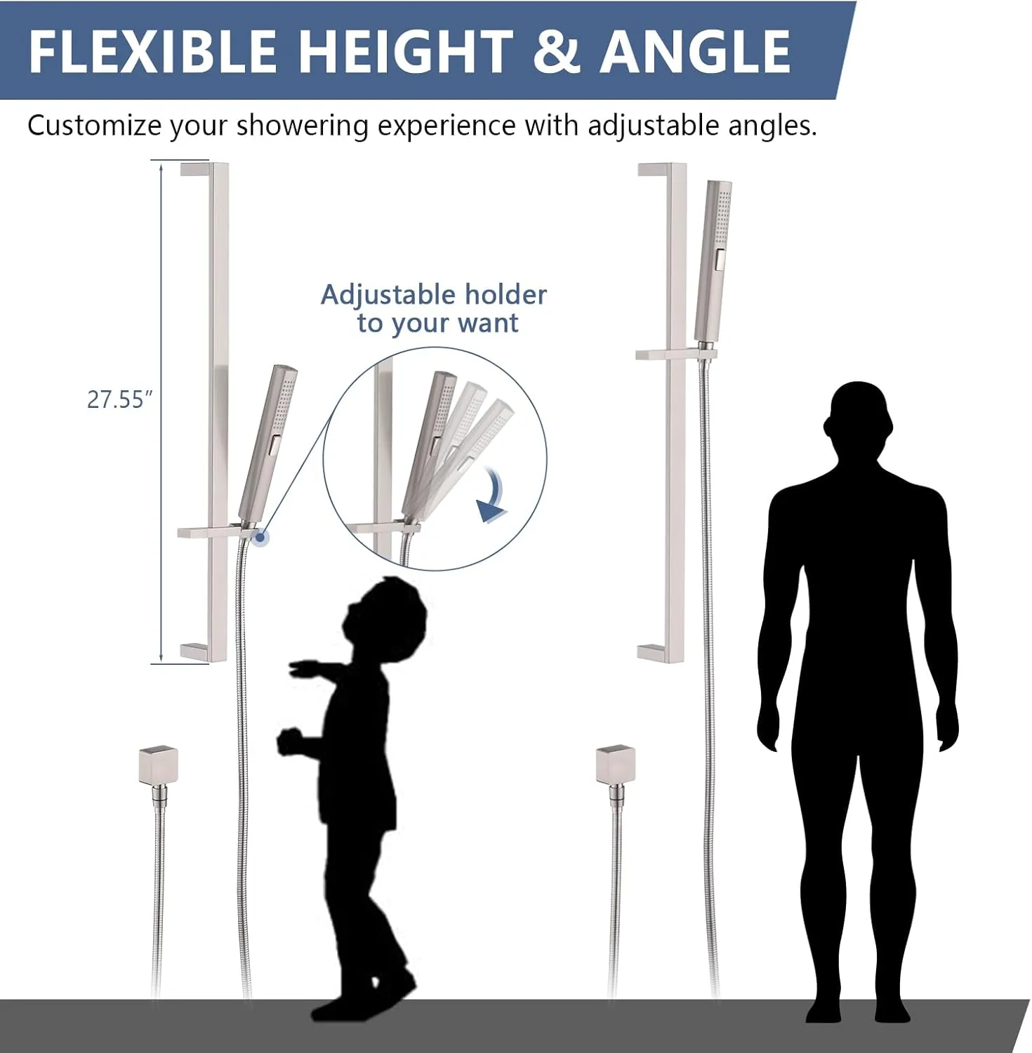 Handheld Shower Head with Slide Bar Combo, 27.5-Inch Adjustable Height Slide Bar, High Perssure Handheld Shower Head with 6.6ft Extra Long Hose, Brass Wall Supply Elbow, Brushed Nickel