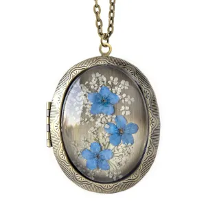 Handmade Oval Shaped Photo Locket Pressed Flower Locket Necklace (Forget Me Not-big oval)