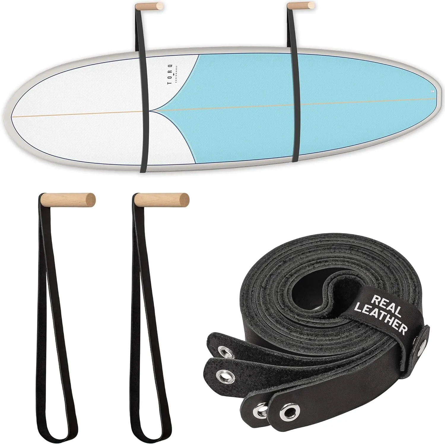 Hang 11 Surfboard Wall Mount - Surf Board Wall Hangers, Surfboard Hanger, Beautiful Sustainable Wood & Leather Rack, Perfect to Display Your Board, Horizontal Surf Racks, Surfing Accessories