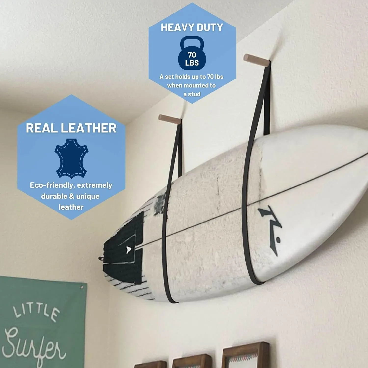 Hang 11 Surfboard Wall Mount - Surf Board Wall Hangers, Surfboard Hanger, Beautiful Sustainable Wood & Leather Rack, Perfect to Display Your Board, Horizontal Surf Racks, Surfing Accessories