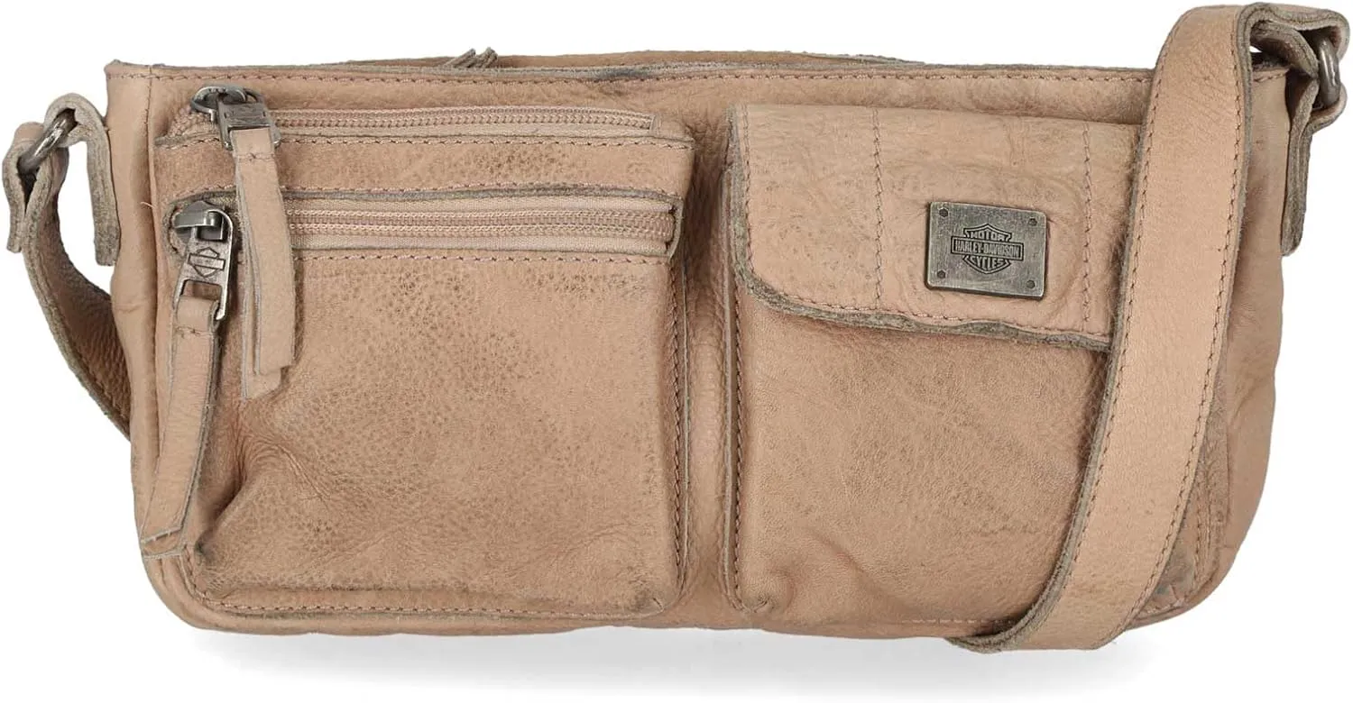 Harley-Davidson Women's Washed Genuine Leather Shoulder Bag Purse - Brush Tan
