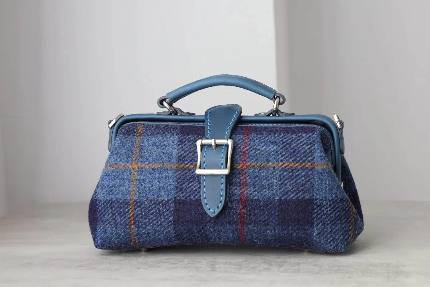 Harris Tweed Lady's Wool Leather Doctor Bag Women Crossbody Bag, Top Handle Bag, Long Strap Purse, Shoulder Bag every day carry (blue)