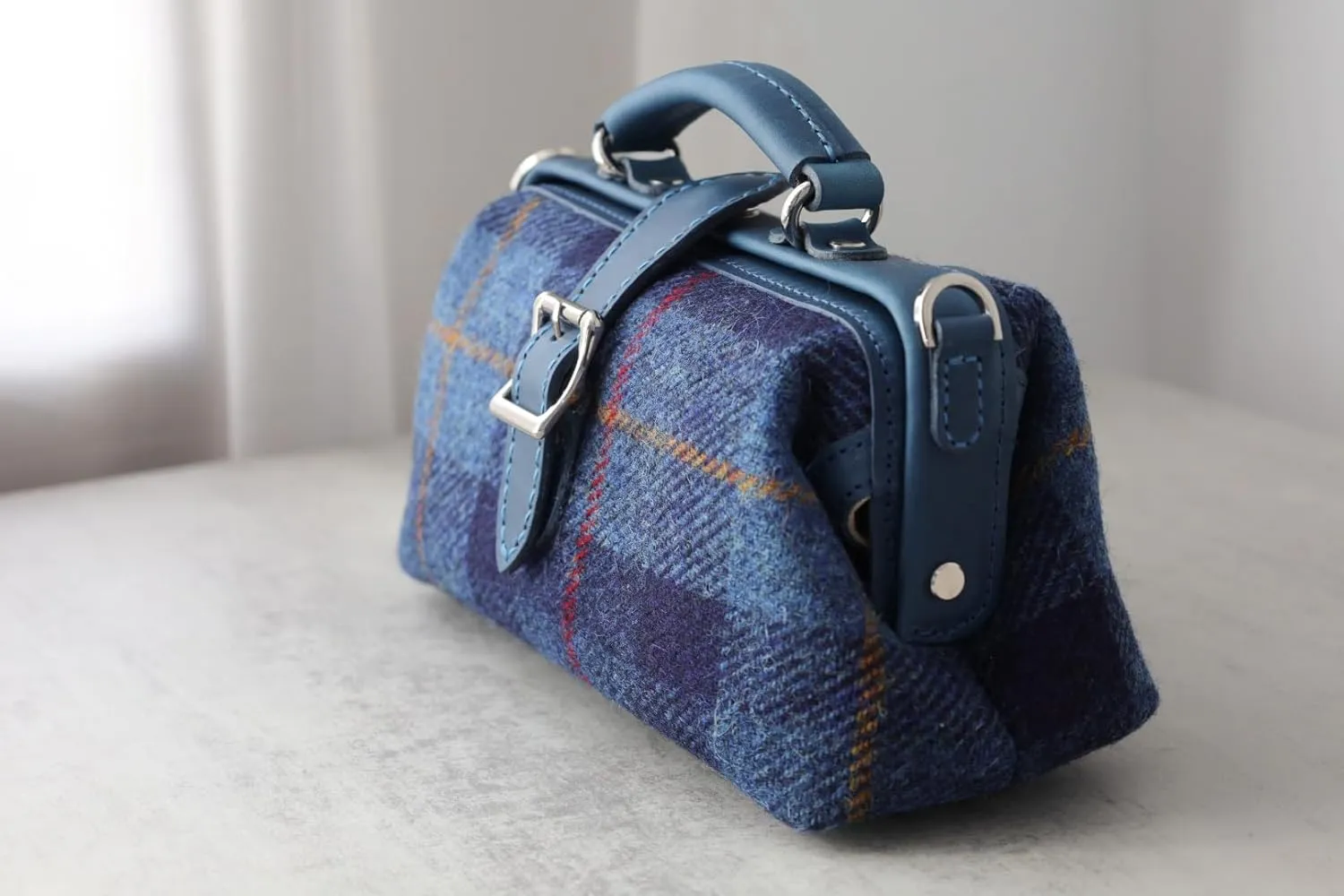 Harris Tweed Lady's Wool Leather Doctor Bag Women Crossbody Bag, Top Handle Bag, Long Strap Purse, Shoulder Bag every day carry (blue)