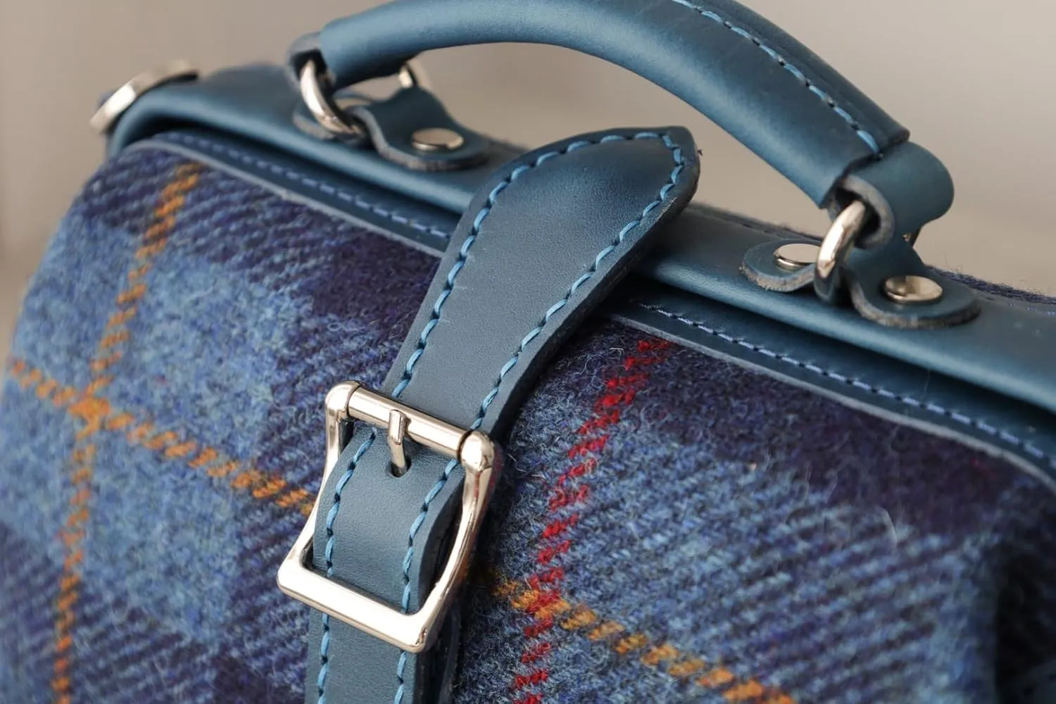 Harris Tweed Lady's Wool Leather Doctor Bag Women Crossbody Bag, Top Handle Bag, Long Strap Purse, Shoulder Bag every day carry (blue)