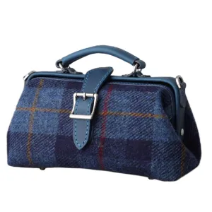 Harris Tweed Lady's Wool Leather Doctor Bag Women Crossbody Bag, Top Handle Bag, Long Strap Purse, Shoulder Bag every day carry (blue)