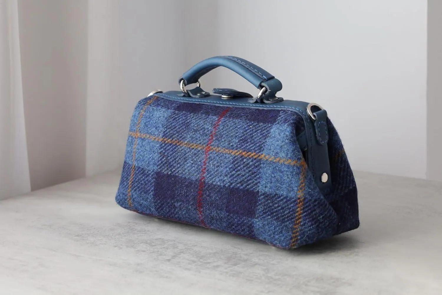 Harris Tweed Lady's Wool Leather Doctor Bag Women Crossbody Bag, Top Handle Bag, Long Strap Purse, Shoulder Bag every day carry (blue)