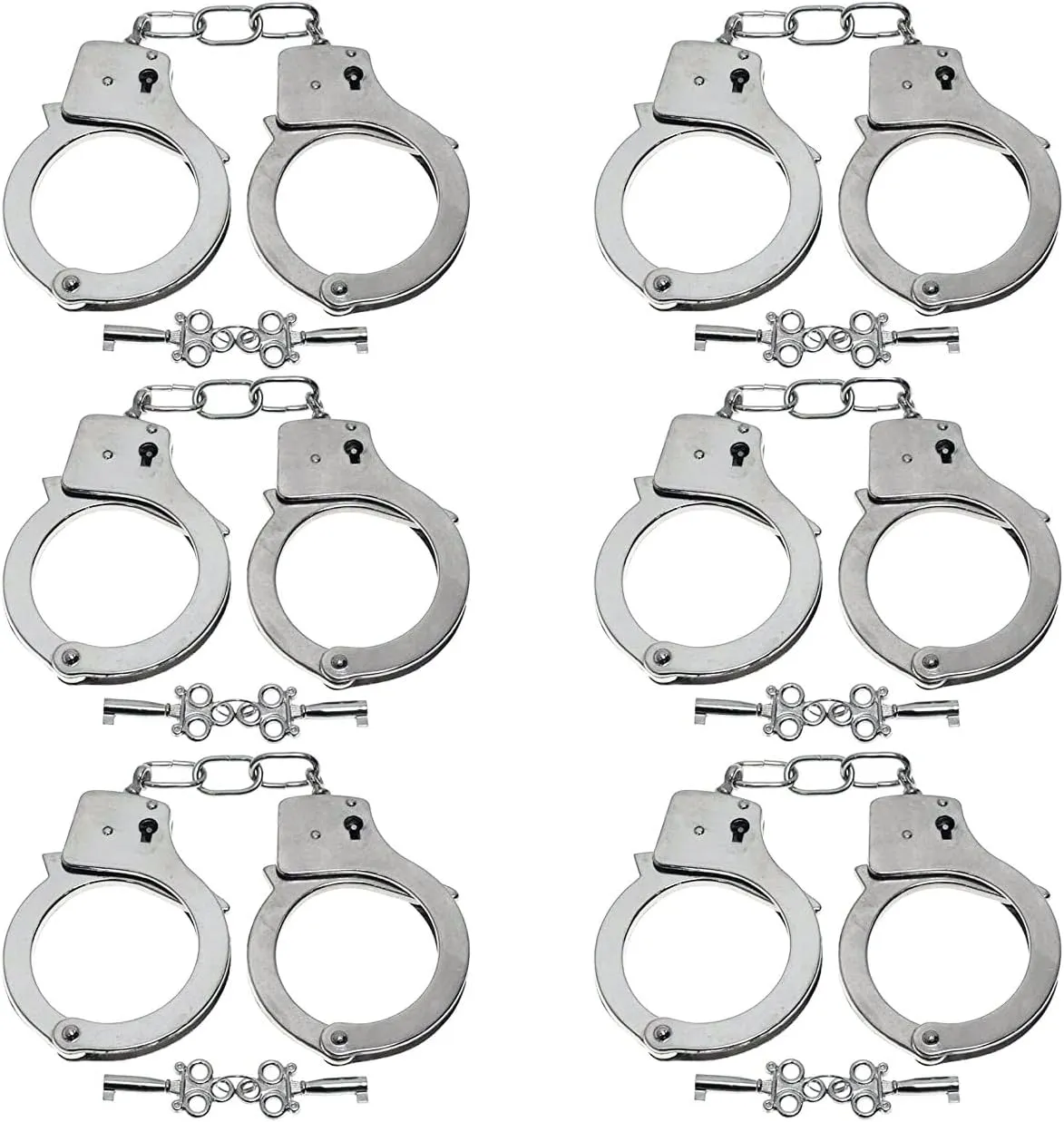 Heavy Duty Toy Metal Handcuffs with Keys - 6 PACK Stainless Steel Bulk Fake Hand Cuffs Accessories Supplies Party Favors