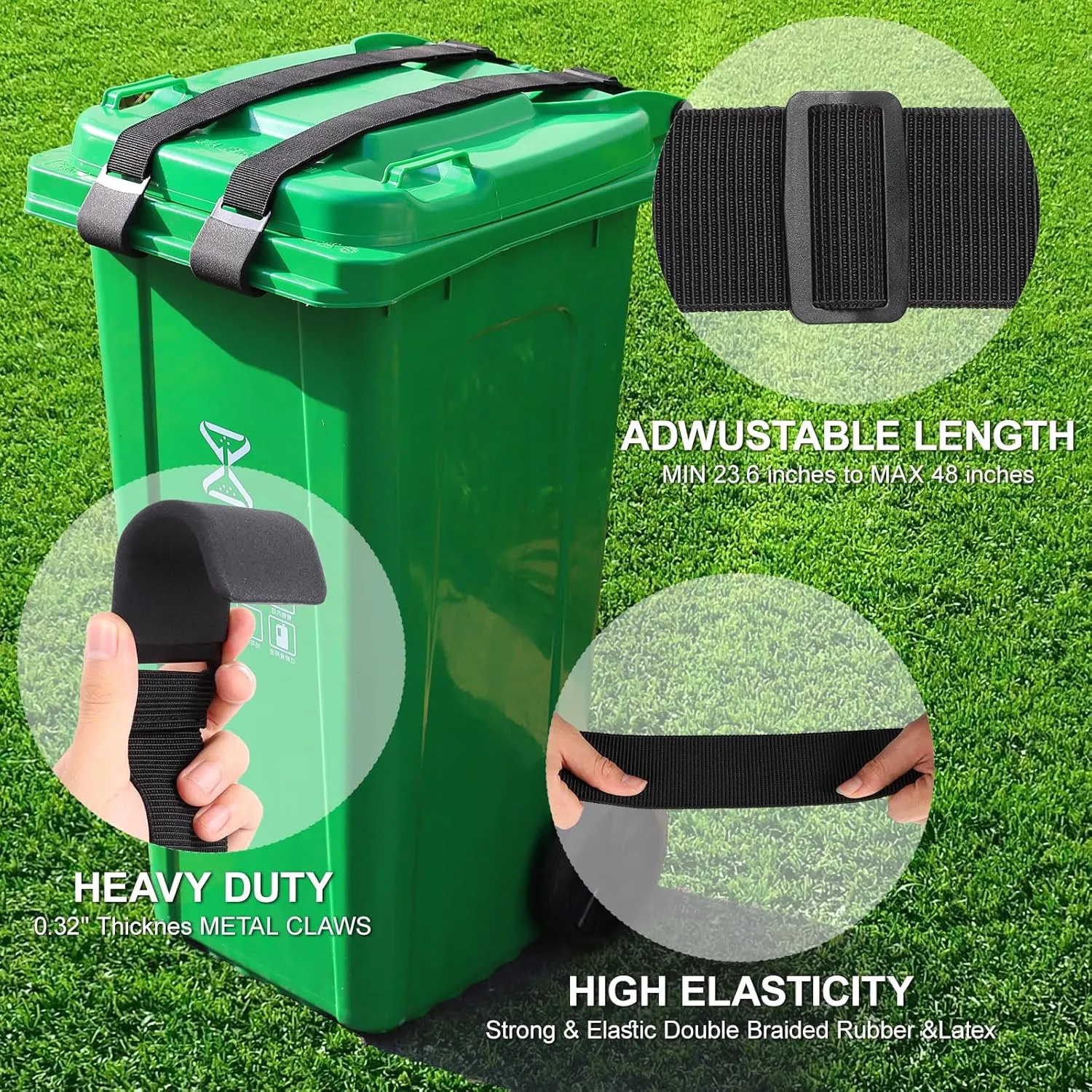 Heavy Duty Trash Can Lock Strap - Adjustable Metal Double Claw Design to Secure Garbage Can Lid, Prevent Squirrels, Dogs, Raccoons & Wind Mess - Outdoor Trash Can Lock (2 Pack)