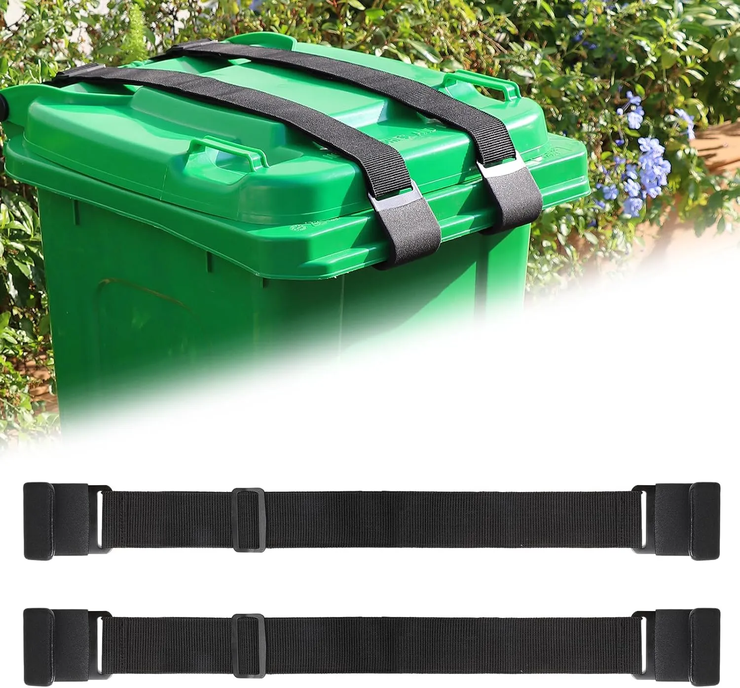 Heavy Duty Trash Can Lock Strap - Adjustable Metal Double Claw Design to Secure Garbage Can Lid, Prevent Squirrels, Dogs, Raccoons & Wind Mess - Outdoor Trash Can Lock (2 Pack)