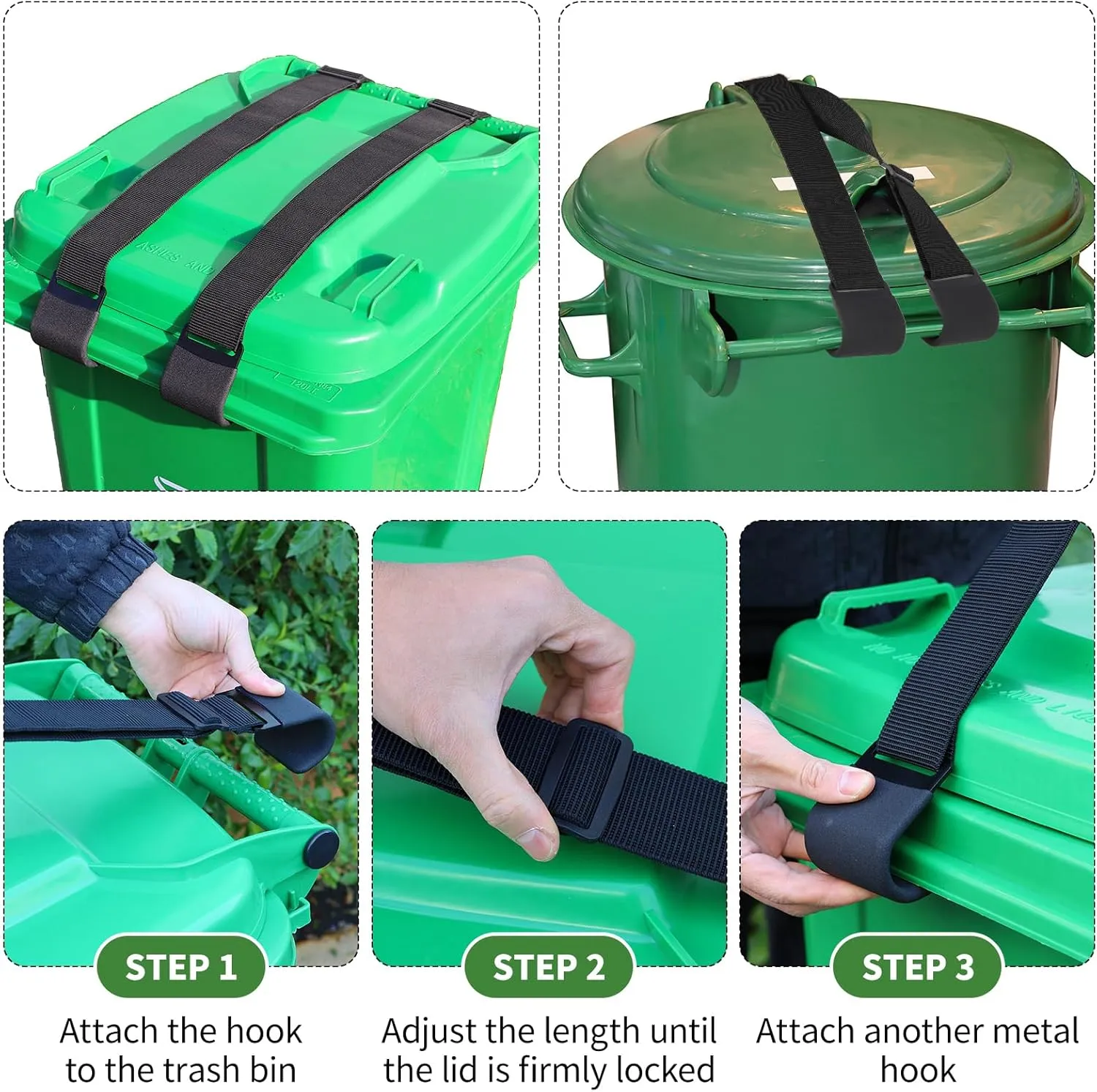 Heavy Duty Trash Can Lock Strap - Adjustable Metal Double Claw Design to Secure Garbage Can Lid, Prevent Squirrels, Dogs, Raccoons & Wind Mess - Outdoor Trash Can Lock (2 Pack)
