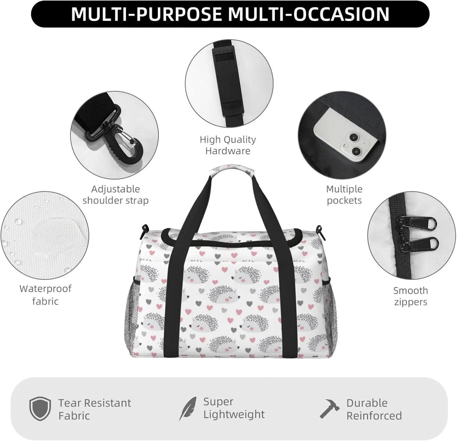 Hedgehog Hearts Duffle Bag Foldable Travel Tote Bag Carry On Large Weekender Overnight Bags Waterproof Gym Bag For Women Men
