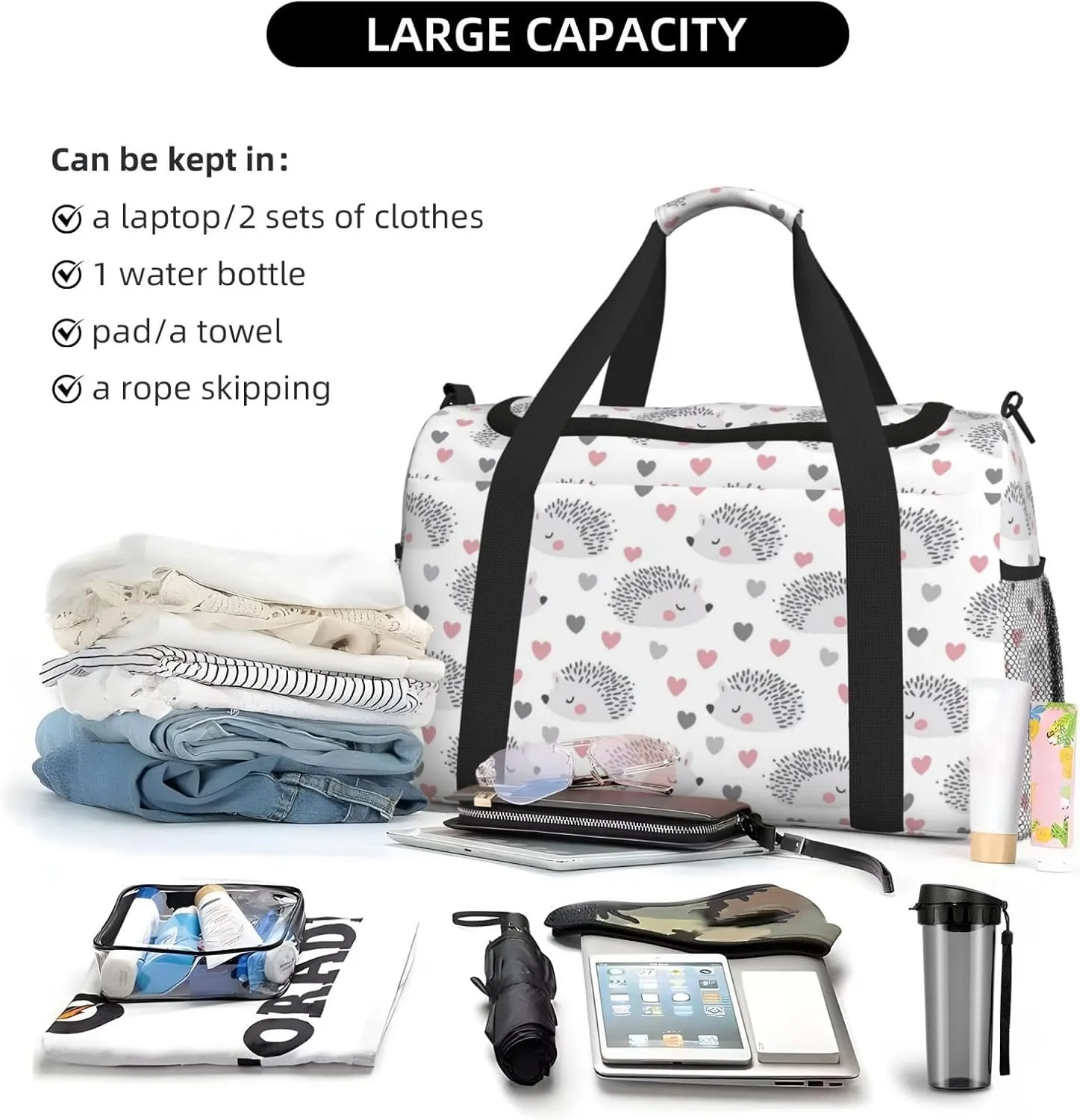 Hedgehog Hearts Duffle Bag Foldable Travel Tote Bag Carry On Large Weekender Overnight Bags Waterproof Gym Bag For Women Men