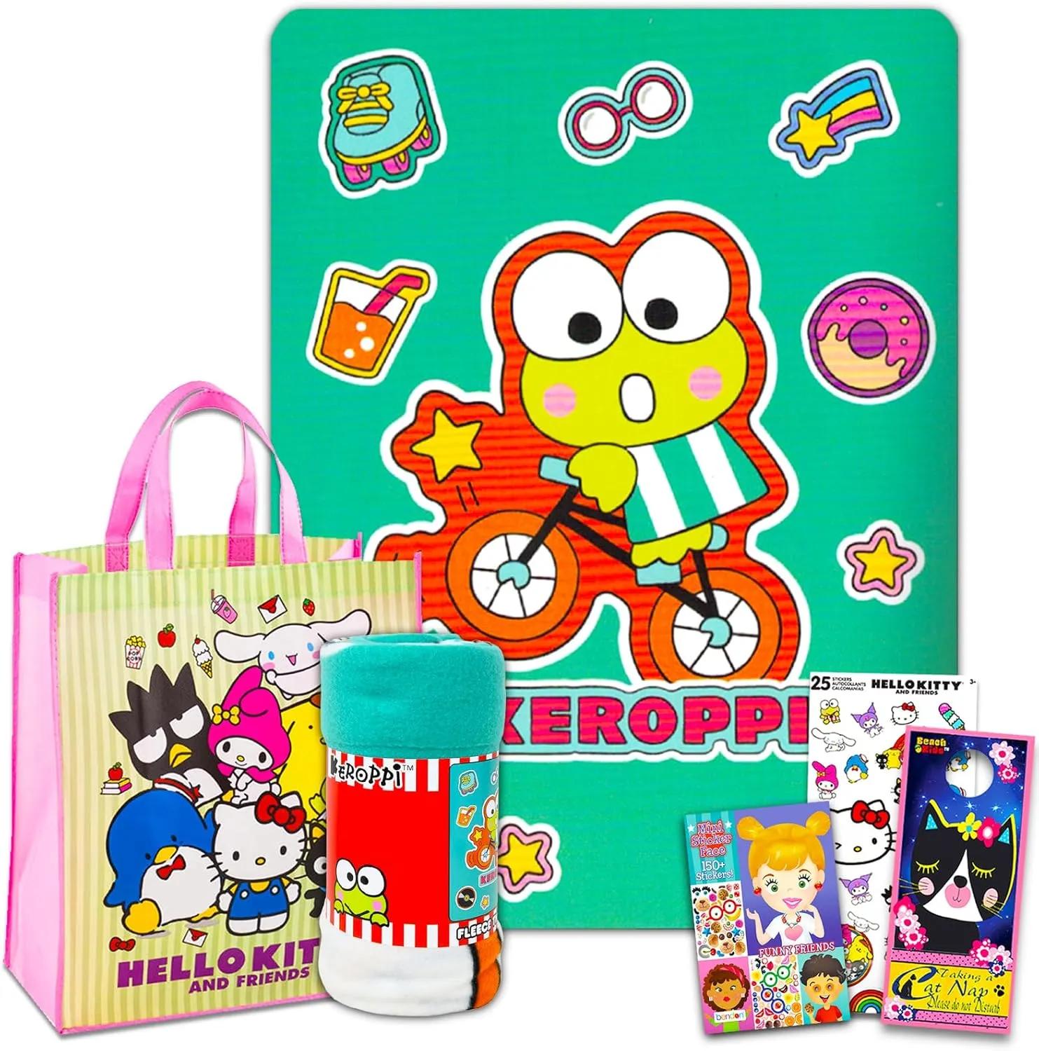 Hello Kitty and Friends Fleece Blanket Sleepover Set for Girls - Bundle With 45x60 Inch Keroppi Throw, Tote Bag, Sticker Activity Book | Room Decor