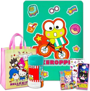 Hello Kitty and Friends Fleece Blanket Sleepover Set for Girls - Bundle With 45x60 Inch Keroppi Throw, Tote Bag, Sticker Activity Book | Room Decor