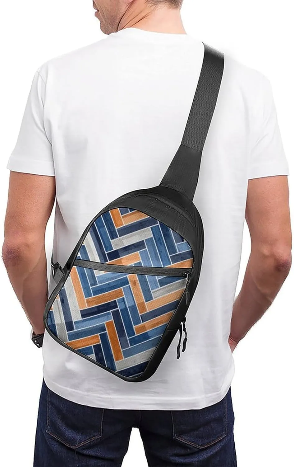 Herringbone Pattern in Navy Folding Chest Bag with Multiple Pockets Lightweight And Durable Design