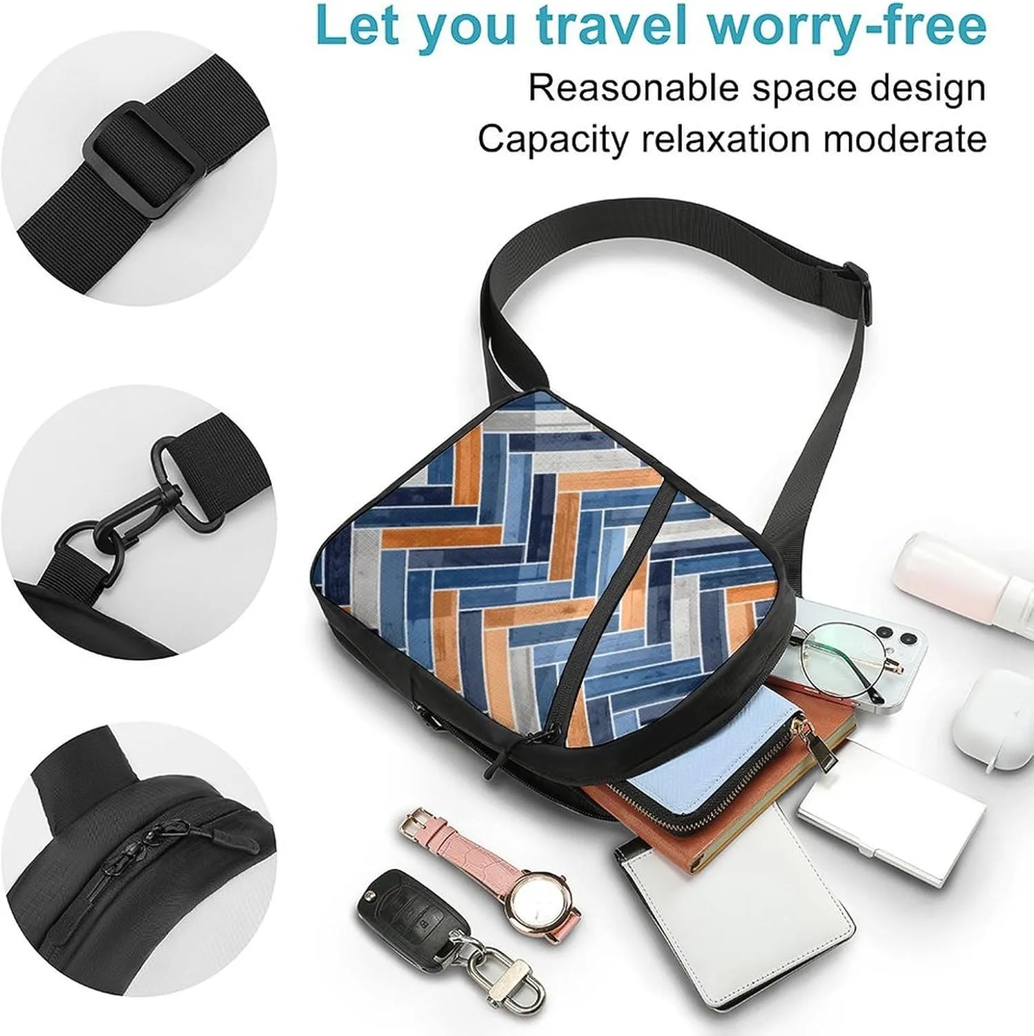 Herringbone Pattern in Navy Folding Chest Bag with Multiple Pockets Lightweight And Durable Design