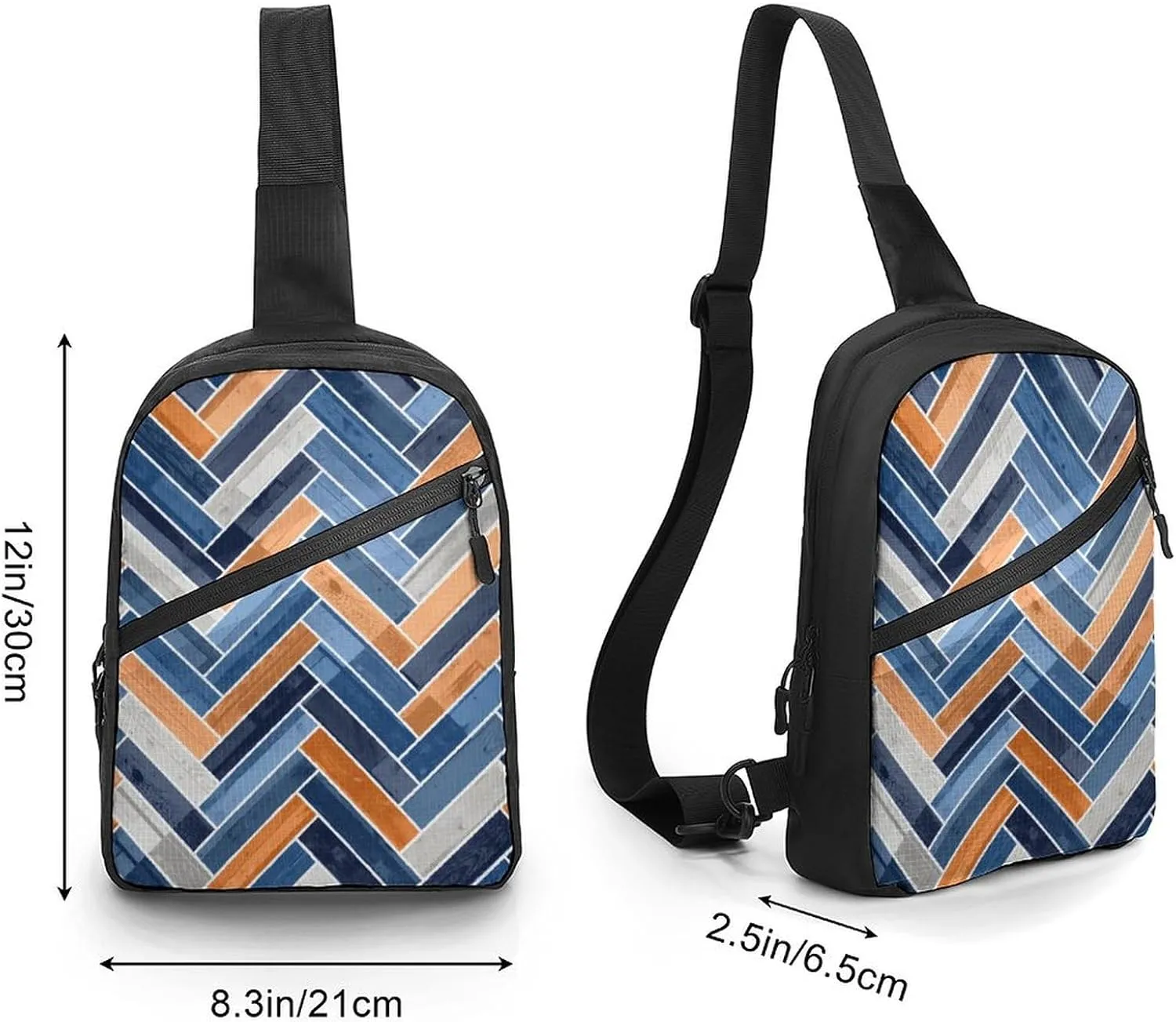 Herringbone Pattern in Navy Folding Chest Bag with Multiple Pockets Lightweight And Durable Design