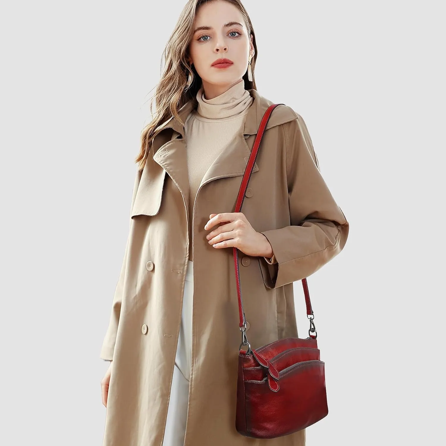 HESHE Crossbody Bags for Women Genuine Leather Purses with Multi-Pockets Vintage Ladies Small Shoulder Satchel Bag