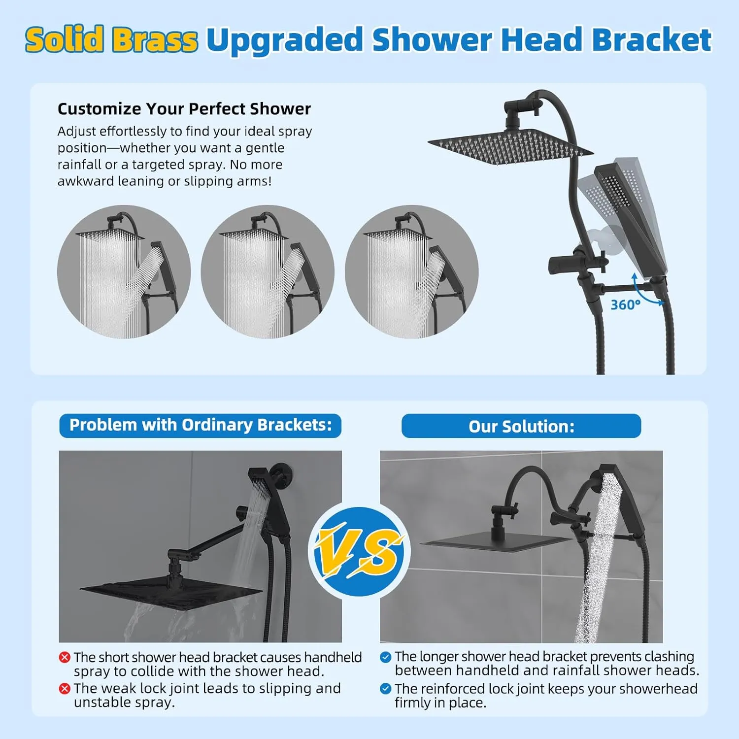 Hibbent All Metal Shower Head, 10'' High Pressure Rainfall Shower Head, Showerhead Combo, Handheld Shower Wand, 12'' Adjustable Curved Shower Extension Arm, 71'' Hose, Shower Head Holder, Matte Black