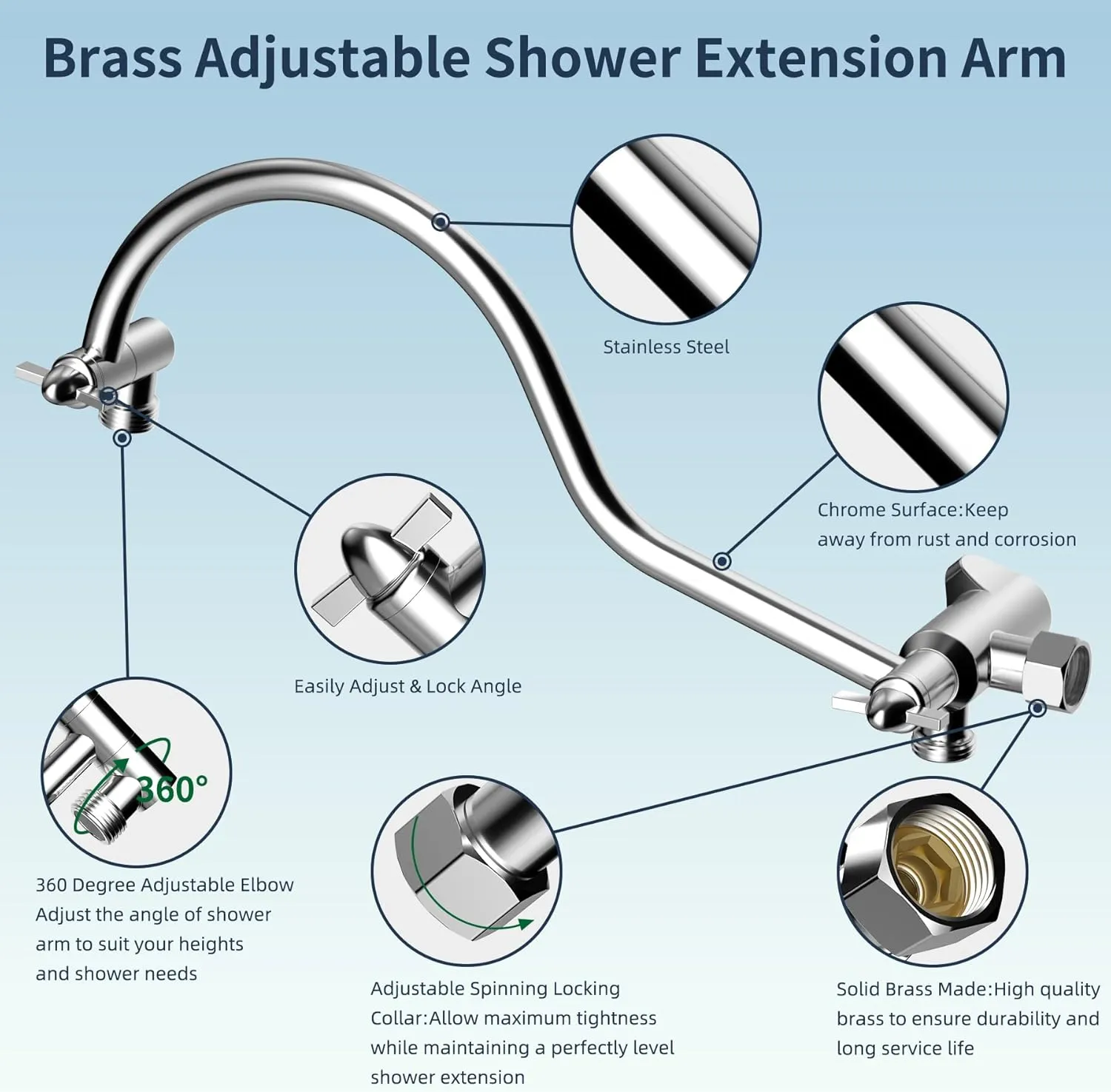 Hibbent All Metal Shower Head, 10'' High Pressure Rainfall Shower Head/Handheld Showerhead Combo with 12'' Adjustable Curved Shower Extension Arm, 7 Sprays, 71'' Shower Hose, Showerhead Holder, Chrome