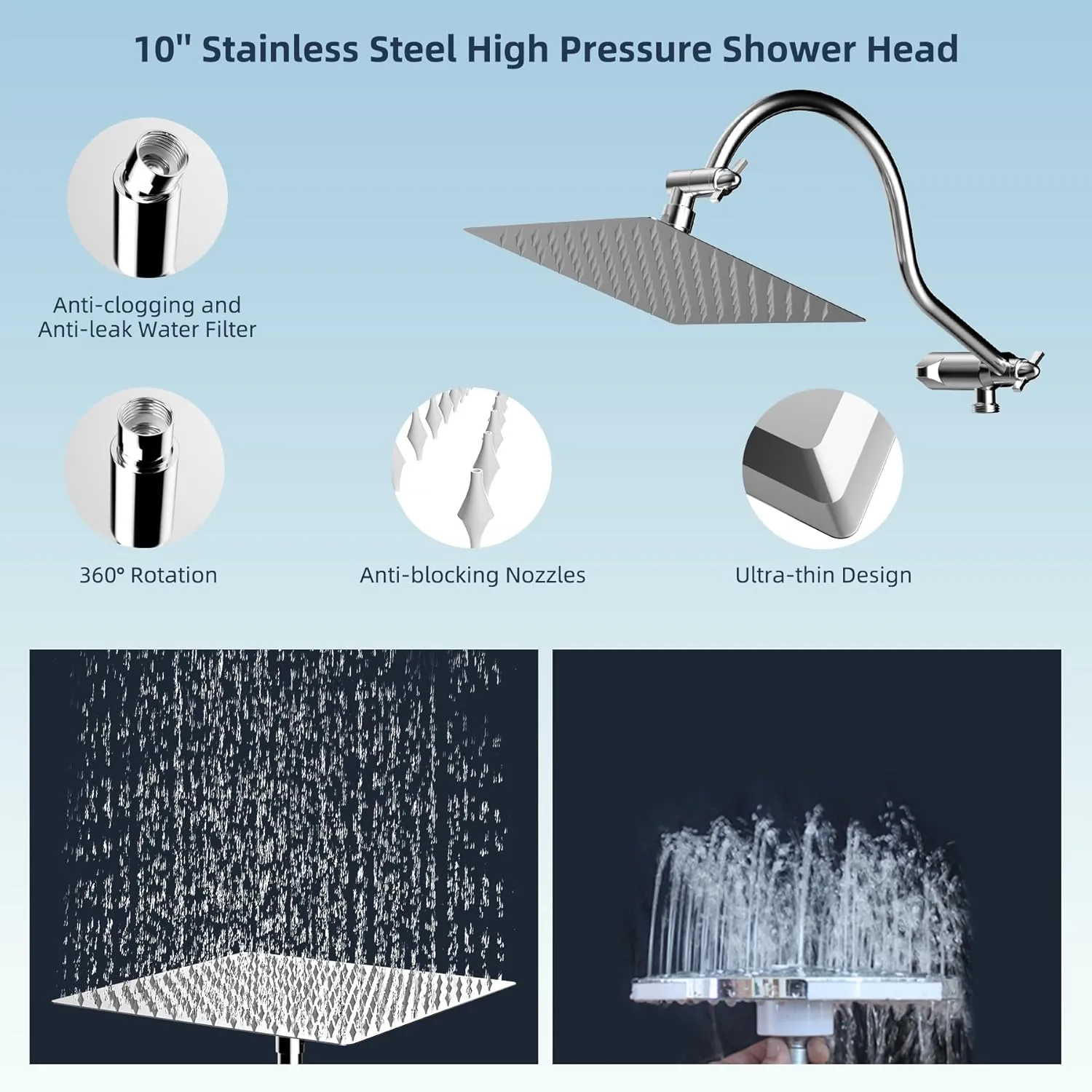 Hibbent All Metal Shower Head, 10'' High Pressure Rainfall Shower Head/Handheld Showerhead Combo with 12'' Adjustable Curved Shower Extension Arm, 7 Sprays, 71'' Shower Hose, Showerhead Holder, Chrome