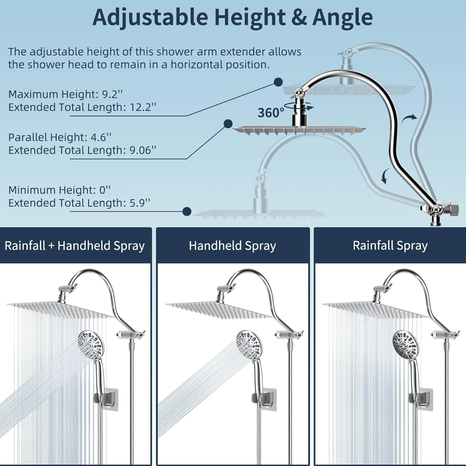 Hibbent All Metal Shower Head, 8'' High Pressure Rainfall Shower Head, Handheld Showerhead Combo with 12'' Adjustable Curved Extension Arm, 7-Spray, 71'' Hose, Adhesive Showerhead Holder, Chrome