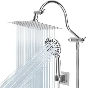 Hibbent All Metal Shower Head, 8'' High Pressure Rainfall Shower Head, Handheld Showerhead Combo with 12'' Adjustable Curved Extension Arm, 7-Spray, 71'' Hose, Adhesive Showerhead Holder, Chrome