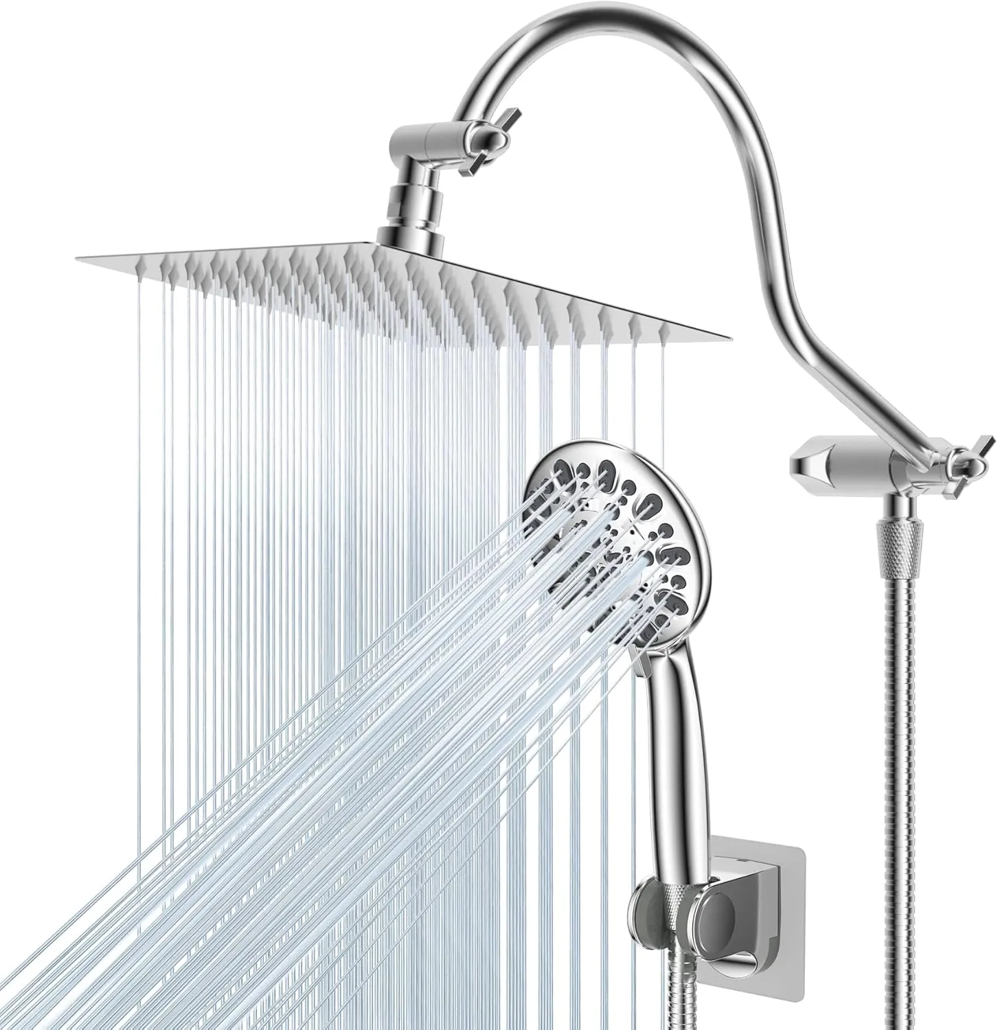 Hibbent All Metal Shower Head, 8'' High Pressure Rainfall Shower Head, Handheld Showerhead Combo with 12'' Adjustable Curved Extension Arm, 7-Spray, 71'' Hose, Adhesive Showerhead Holder, Chrome