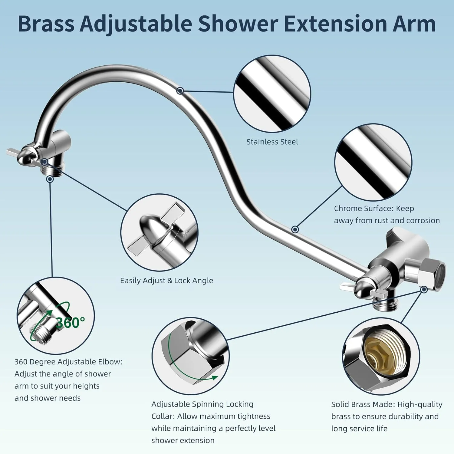 Hibbent All Metal Shower Head, 8'' High Pressure Rainfall Shower Head, Handheld Showerhead Combo with 12'' Adjustable Curved Extension Arm, 7-Spray, 71'' Hose, Adhesive Showerhead Holder, Chrome