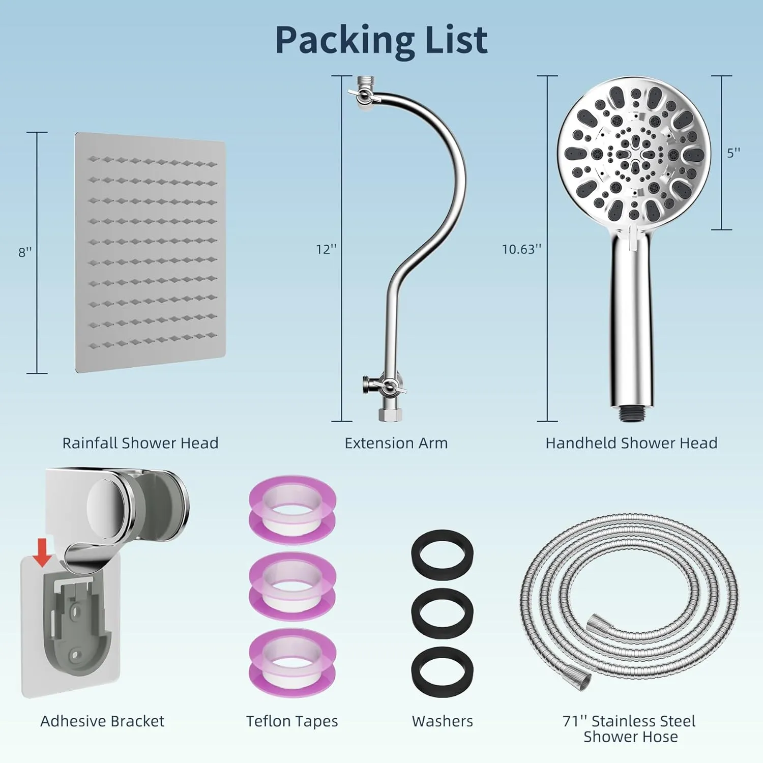 Hibbent All Metal Shower Head, 8'' High Pressure Rainfall Shower Head, Handheld Showerhead Combo with 12'' Adjustable Curved Extension Arm, 7-Spray, 71'' Hose, Adhesive Showerhead Holder, Chrome
