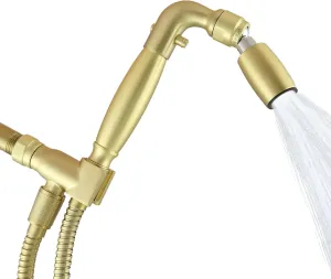 High Sierra Showerheads® - Solid Metal Handheld Shower Head Kit. Includes Handheld Shower Head w/Protective Nylon Insert, Trickle Valve, Hose, and Holder. 1.8 GPM. Brushed Gold