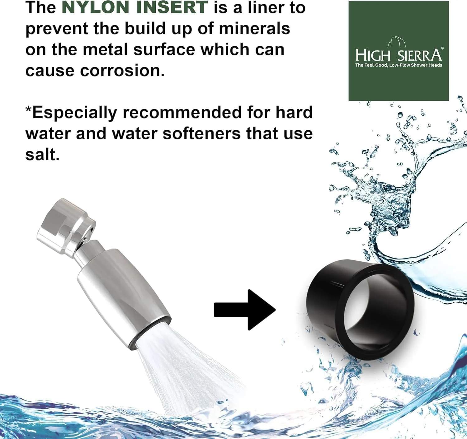 High Sierra Showerheads® - Solid Metal Handheld Shower Head Kit. Includes Handheld Shower Head w/Protective Nylon Insert, Trickle Valve, Hose, and Holder. 1.8 GPM. Matte Black