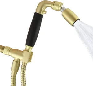 High Sierra Showerheads® - Solid Metal Handheld Shower Head Kit with Slip-Free Grip. Includes Handheld Shower Head, Trickle Valve, Hose with Silicone Inner Tube, and Holder. 2.0 GPM. Brushed Gold