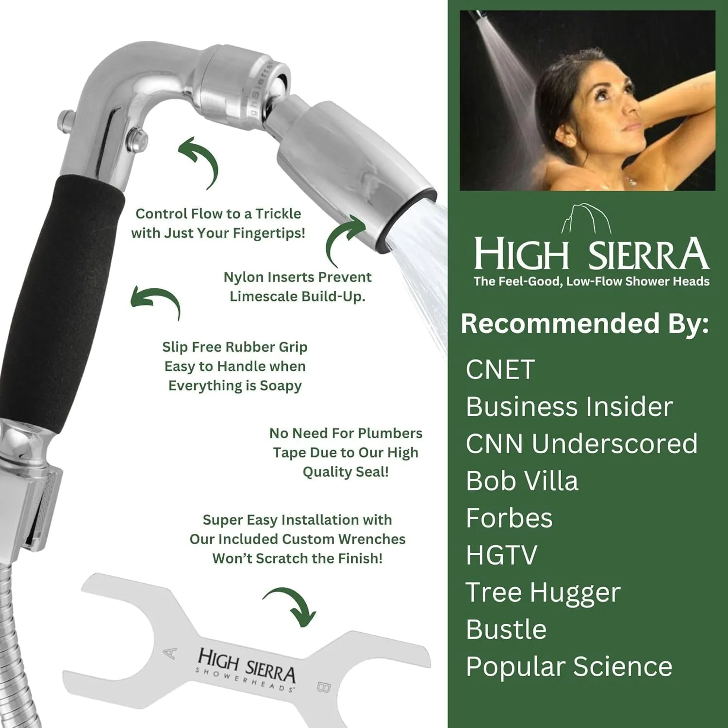 High Sierra Showerheads® - Solid Metal Handheld Shower Head Kit with Slip-Free Grip. Includes Handheld Shower Head, Trickle Valve, Hose with Silicone Inner Tube, and Holder. 2.0 GPM. Matte Black