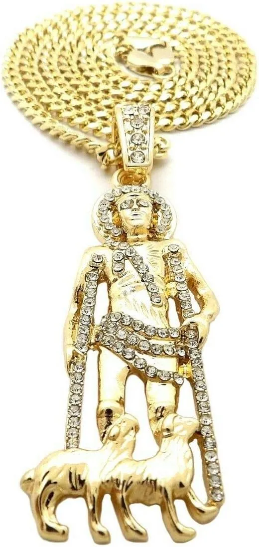 Hip Hop Gold Plated Iced SAN LAZARO Pendant & 3mm 18" 20" 24" Miami Cuban Chain Necklace