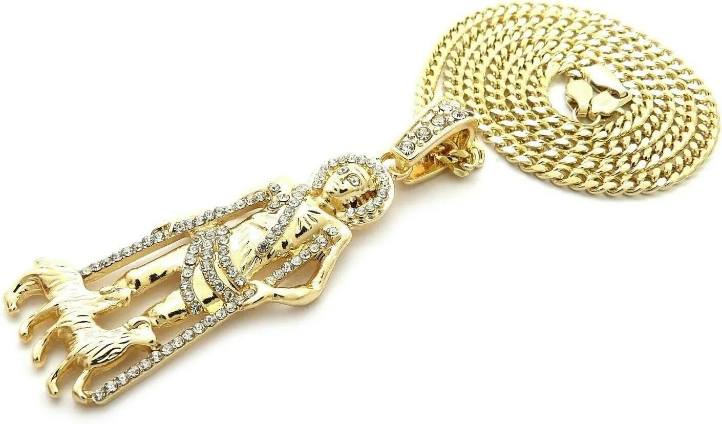 Hip Hop Gold Plated Iced SAN LAZARO Pendant & 3mm 18" 20" 24" Miami Cuban Chain Necklace