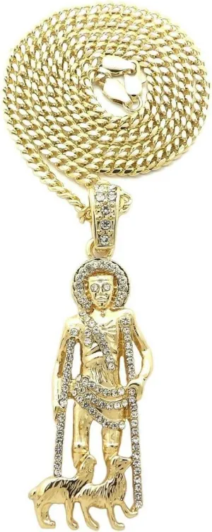 Hip Hop Gold Plated Iced SAN LAZARO Pendant & 3mm 18" 20" 24" Miami Cuban Chain Necklace