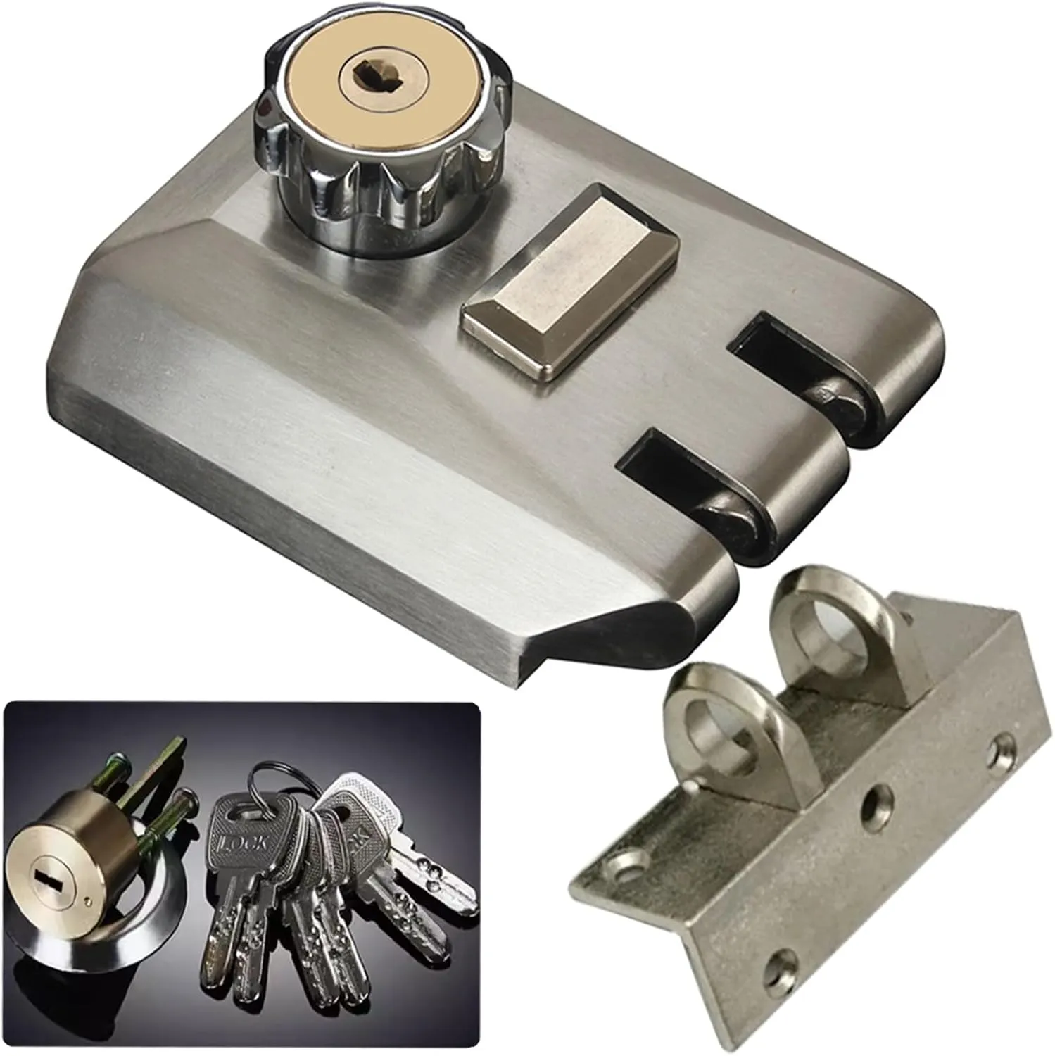 Home Door Vertical Keyway Deadbolt Rim Locks Set,Deadlock,Single Cylinder Metal Lock,Twist-to Locking Cylinder Deadbolt Lock,with Keyed Angle and Flat Strike Inter Locking,Alloy,Silver