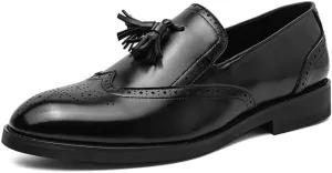 HOOENG Dress Shoes for Men Slip On Pointed Burnished Toe Crocodile Embossed Wingtips with Tassel Anti-Slip Rubber Sole Block Heel Non Slip Casual (Color : Black, Size : 11.5)
