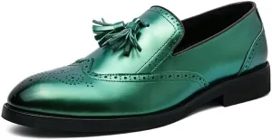 HOOENG Dress Shoes for Men Slip On Pointed Burnished Toe Crocodile Embossed Wingtips with Tassel Anti-Slip Rubber Sole Block Heel Non Slip Casual (Color : Green, Size : 6.5)