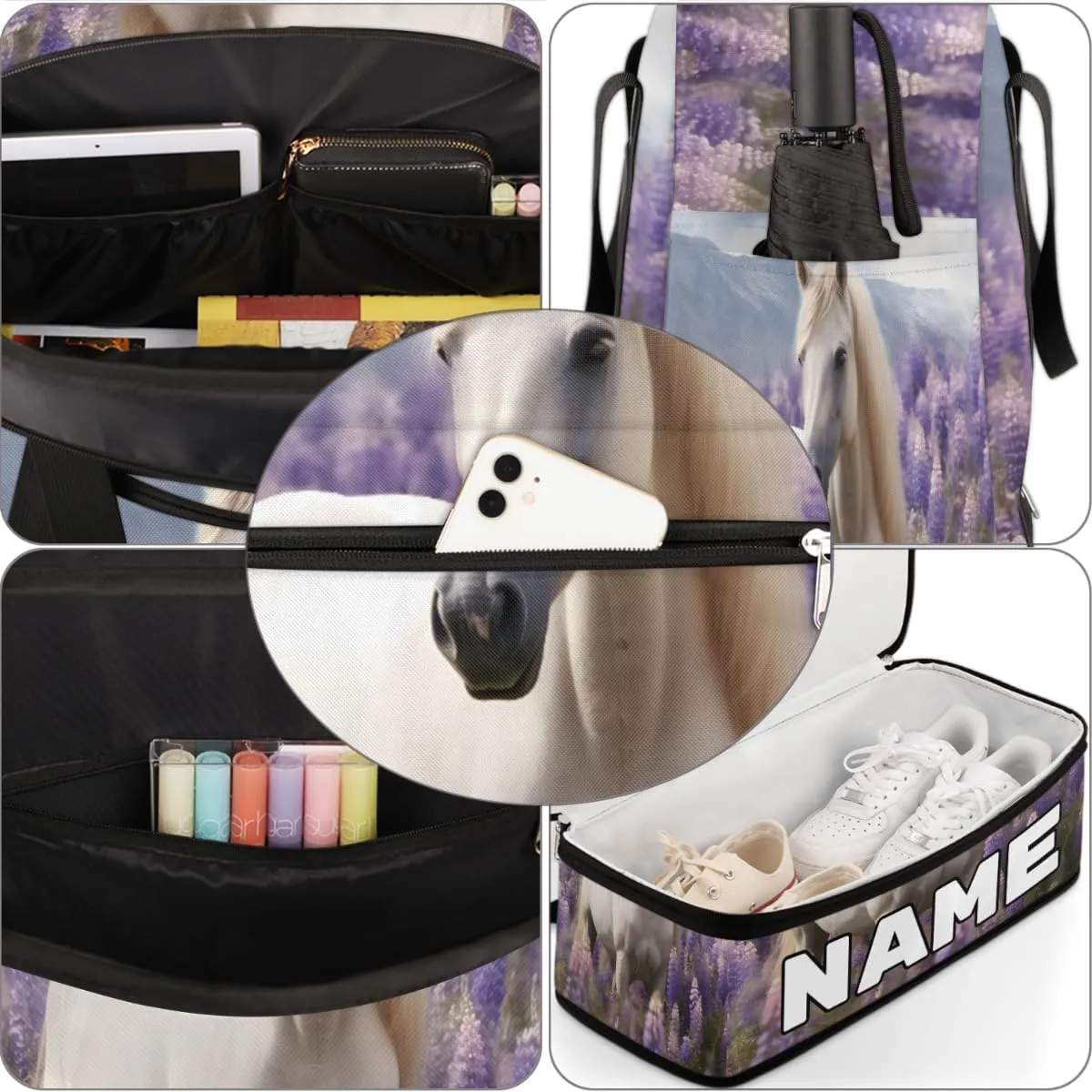 Horse Animal Print Custom Foldable Duffle Bag with Shoes Compartment Personalized Large Capacity Waterproof Travel Weekender Bag Overnight Bag for Sports Gym