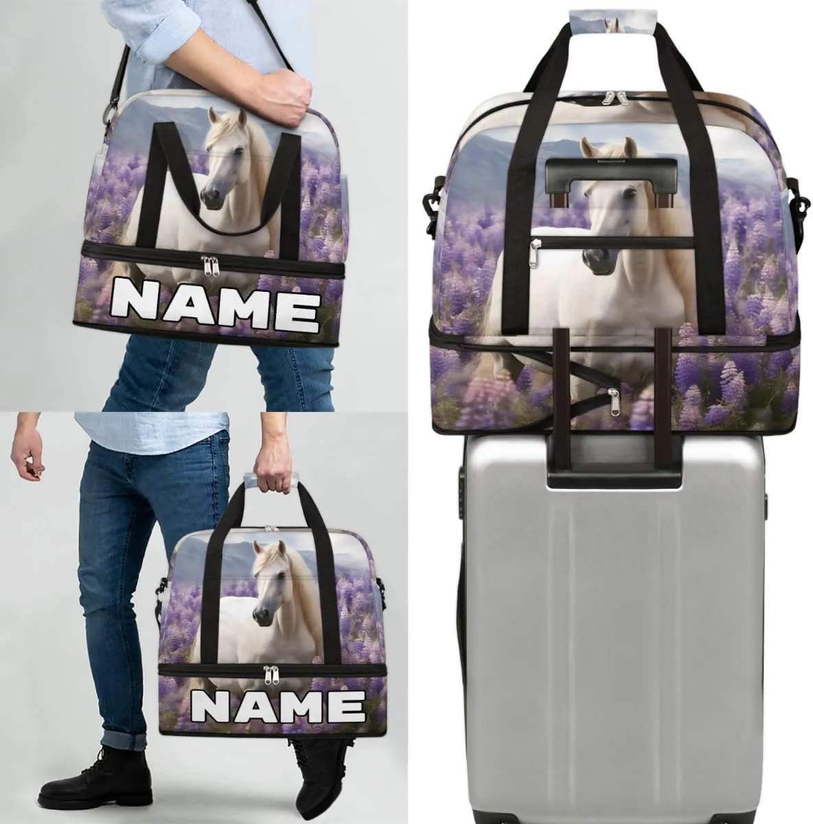 Horse Animal Print Custom Foldable Duffle Bag with Shoes Compartment Personalized Large Capacity Waterproof Travel Weekender Bag Overnight Bag for Sports Gym