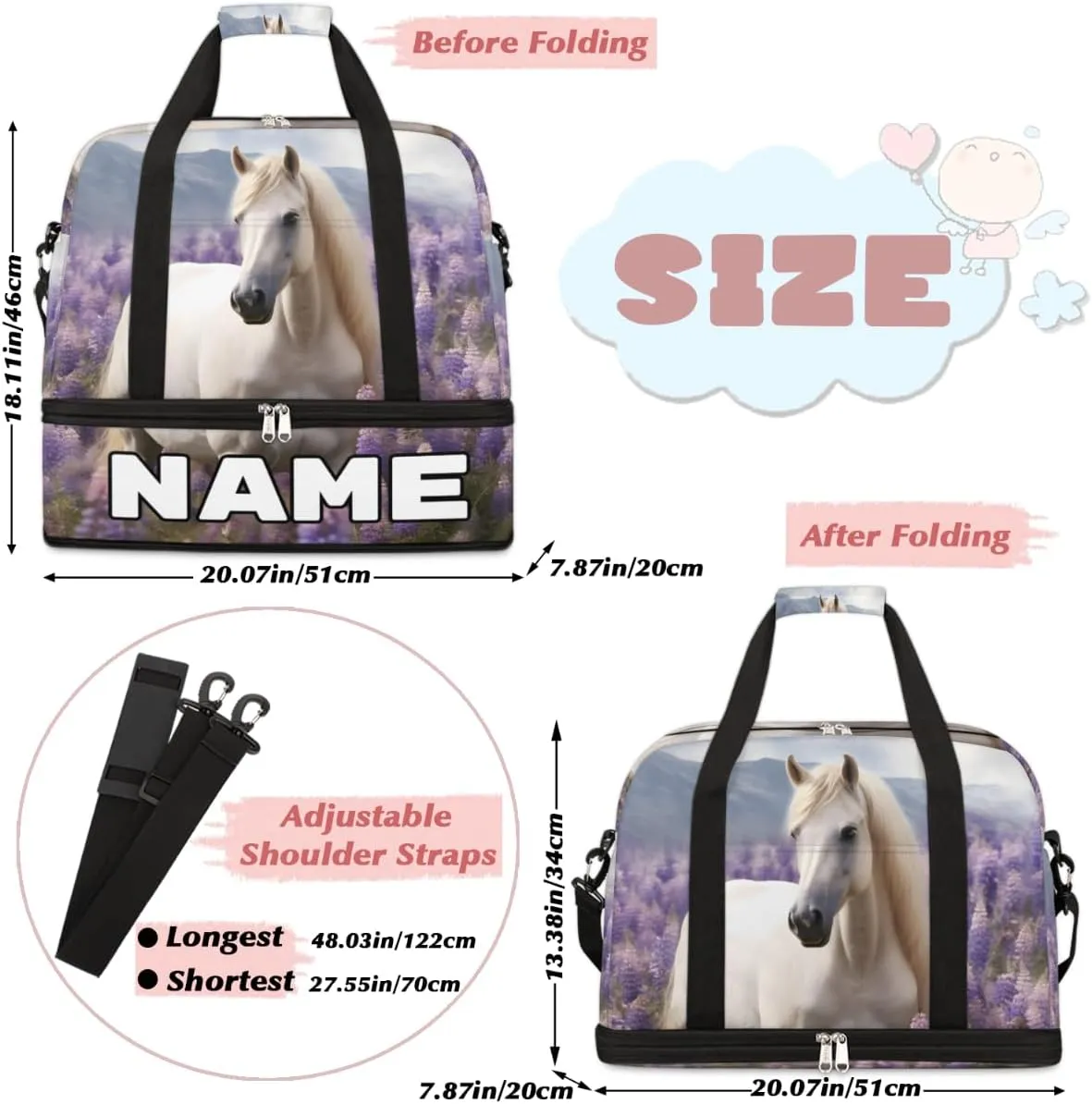 Horse Animal Print Custom Foldable Duffle Bag with Shoes Compartment Personalized Large Capacity Waterproof Travel Weekender Bag Overnight Bag for Sports Gym