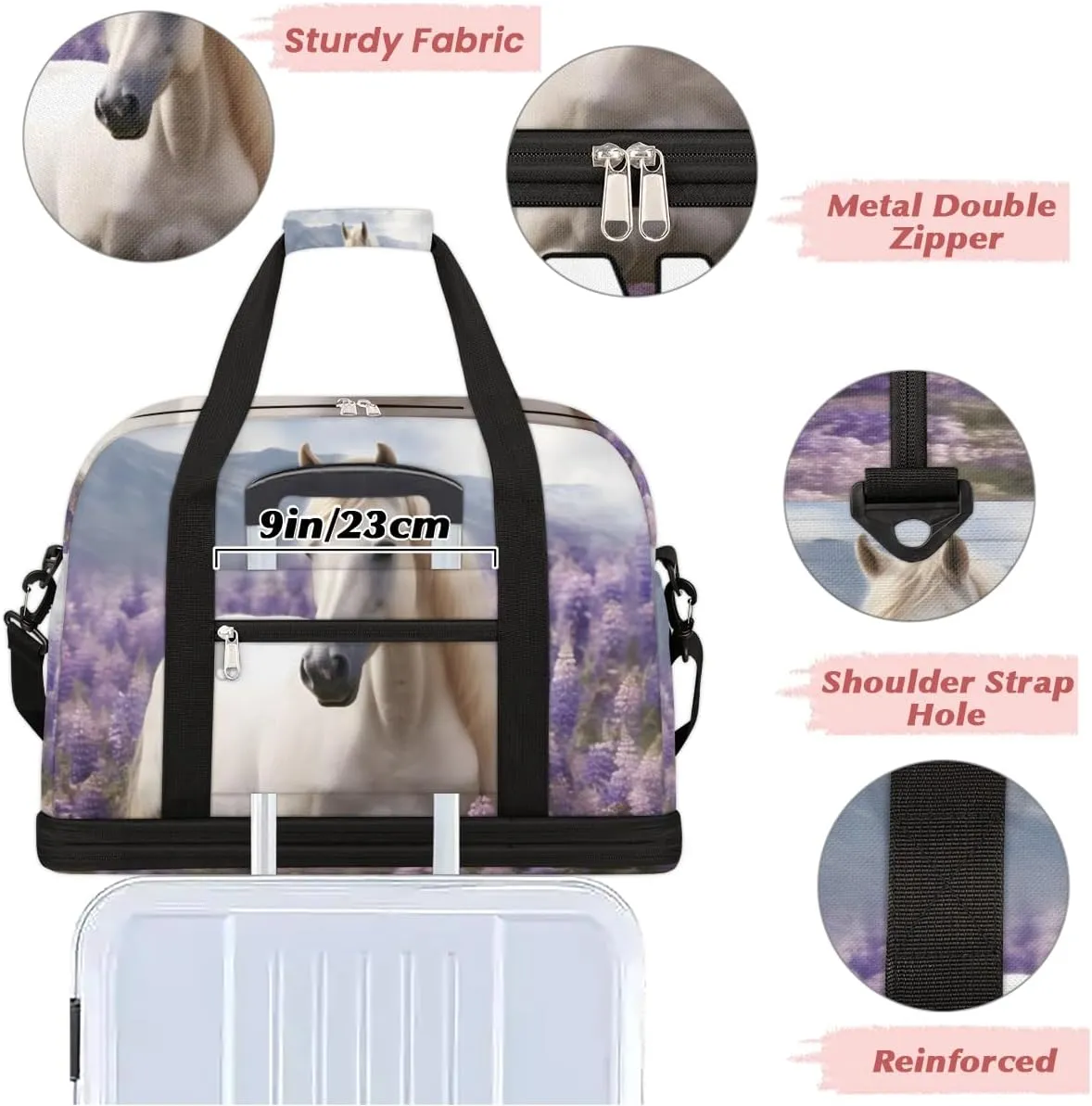 Horse Animal Print Custom Foldable Duffle Bag with Shoes Compartment Personalized Large Capacity Waterproof Travel Weekender Bag Overnight Bag for Sports Gym