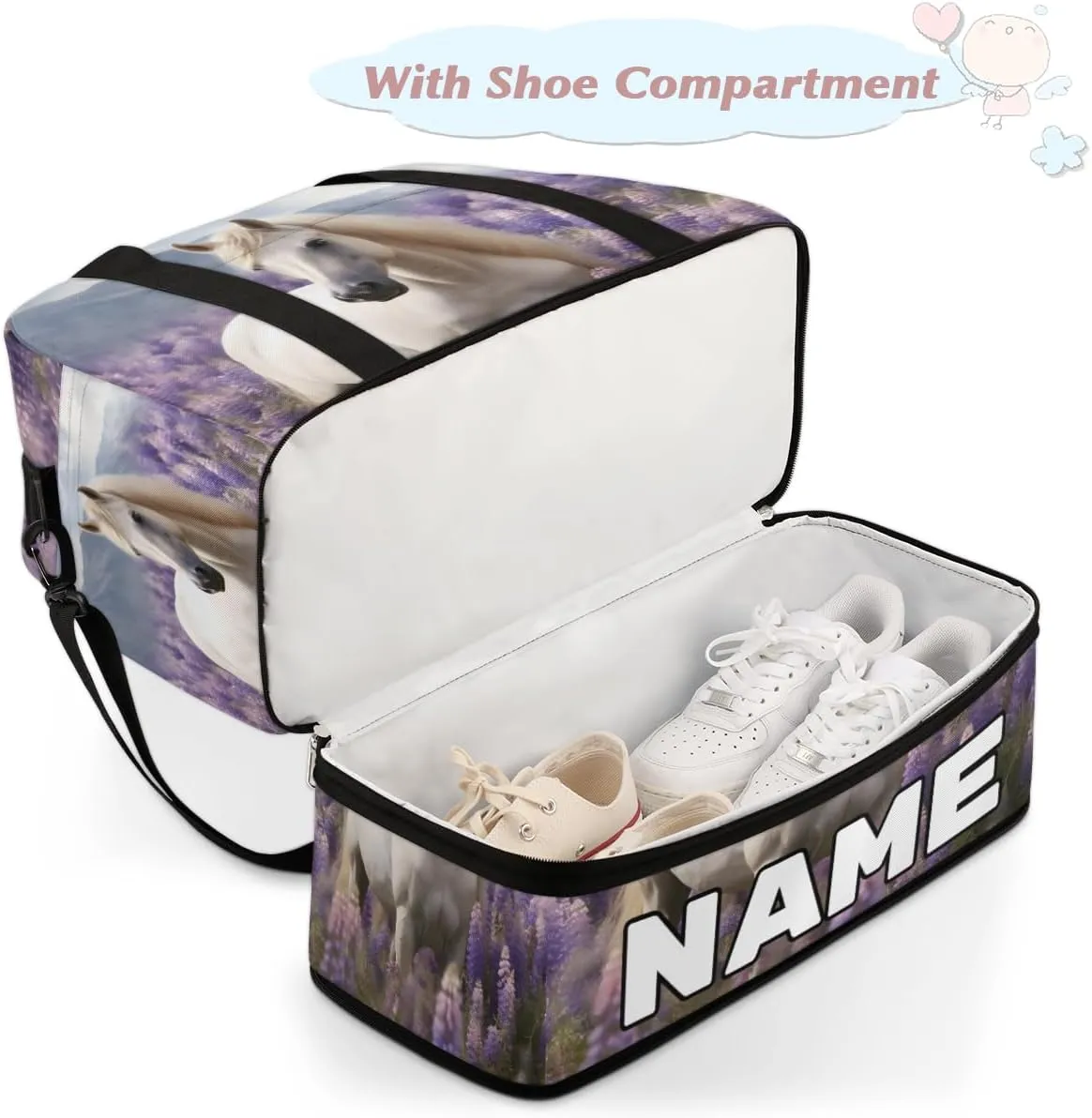Horse Animal Print Custom Foldable Duffle Bag with Shoes Compartment Personalized Large Capacity Waterproof Travel Weekender Bag Overnight Bag for Sports Gym