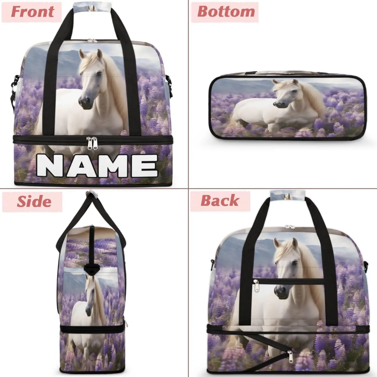 Horse Animal Print Custom Foldable Duffle Bag with Shoes Compartment Personalized Large Capacity Waterproof Travel Weekender Bag Overnight Bag for Sports Gym