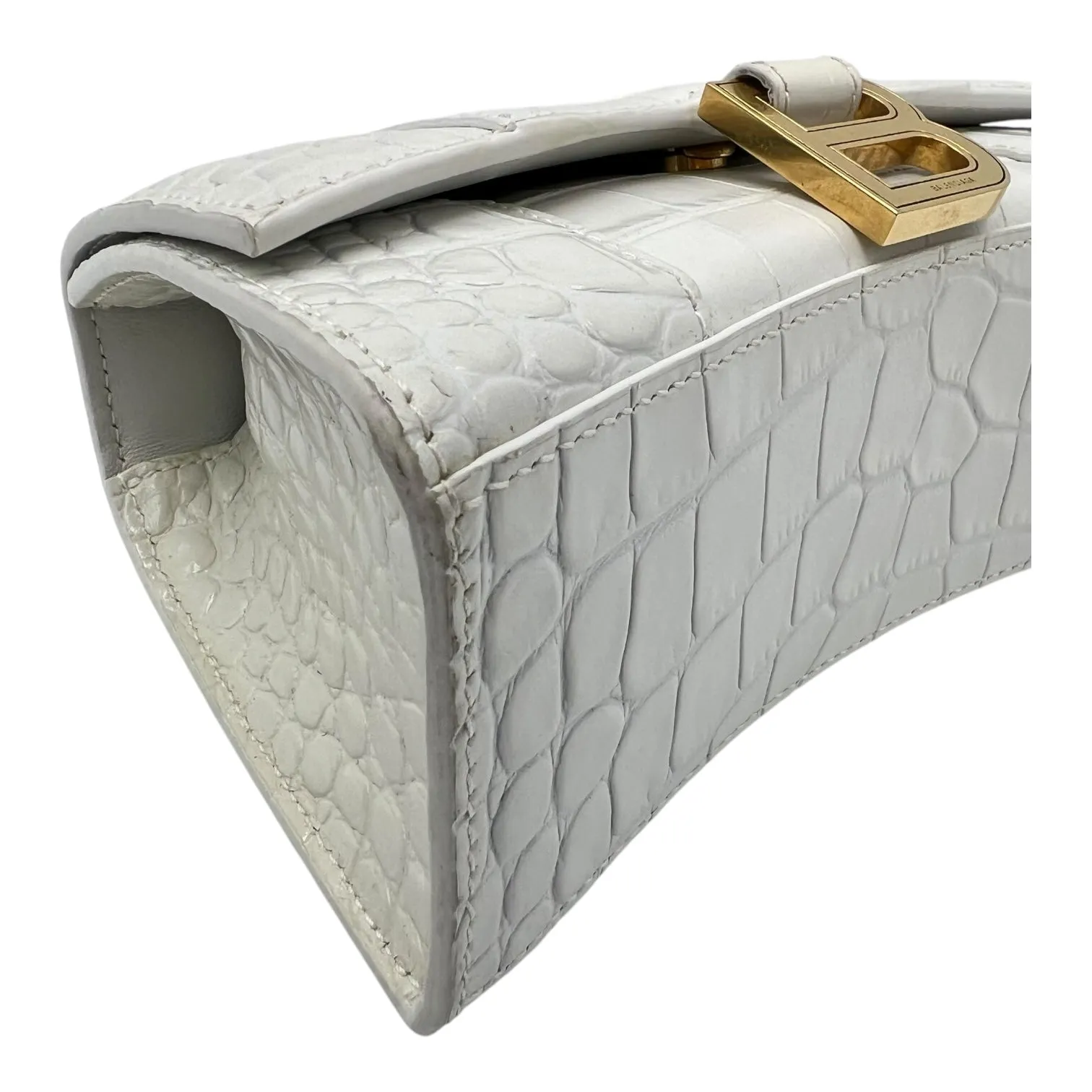 Hourglass Top Handle Bag White in Crocodile Embossed Calfskin, Silver hardware