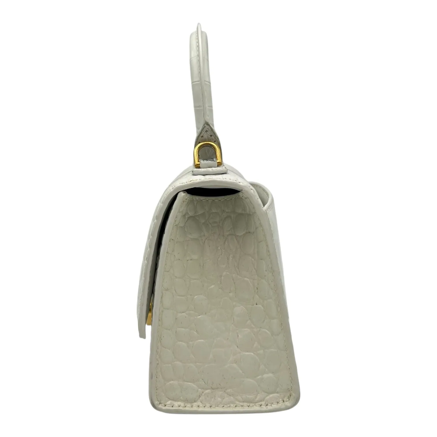 Hourglass Top Handle Bag White in Crocodile Embossed Calfskin, Silver hardware