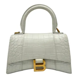 Hourglass Top Handle Bag White in Crocodile Embossed Calfskin, Silver hardware